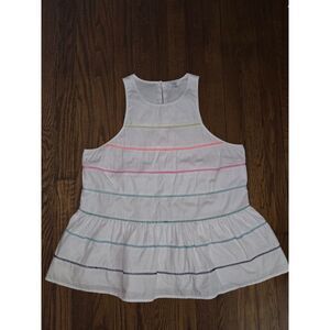 Crown & Ivy Womens Top Sz Large White Hemstitching Peplum Ruffle Colorful Beach